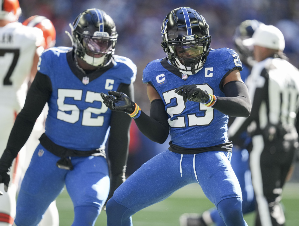 Oct 22, 2023; Indianapolis, Indiana, USA; Indianapolis Colts cornerback Kenny Moore II (23) celebrates after sacking Cleveland Browns quarterback PJ Walker (10) during a game against the Cleveland Browns at Lucas Oil Stadium.